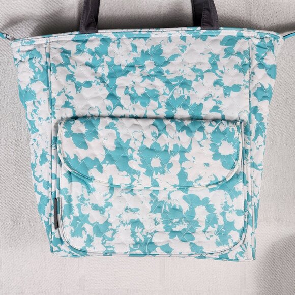 Emma & Chloe Teal White Floral Pattern Cotton Zip Large Size Quilted Tote Bag - Picture 4 of 16